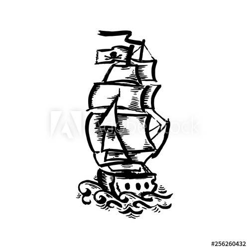 500x500 Vector Hand Drawn Black Color Old School Tattoo Boat On White