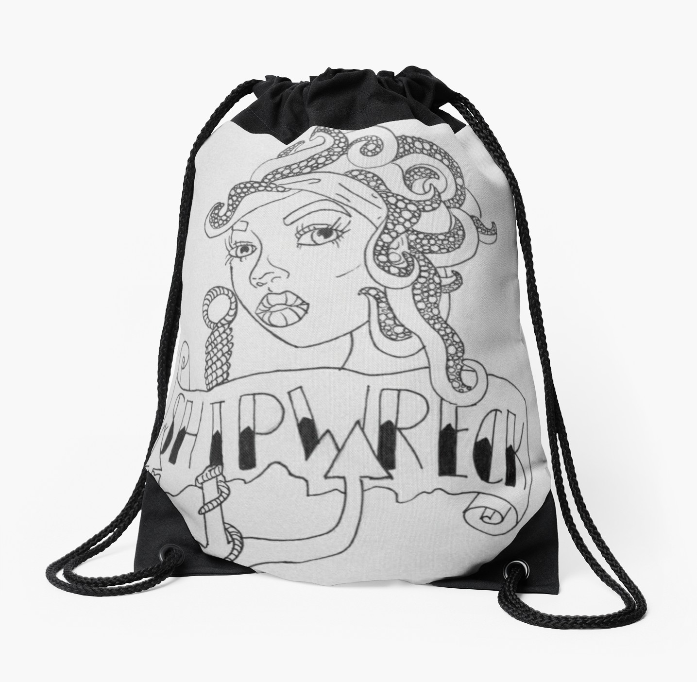 1435x1404 shipwreck' nautical vintage tattoo design drawstring bag
