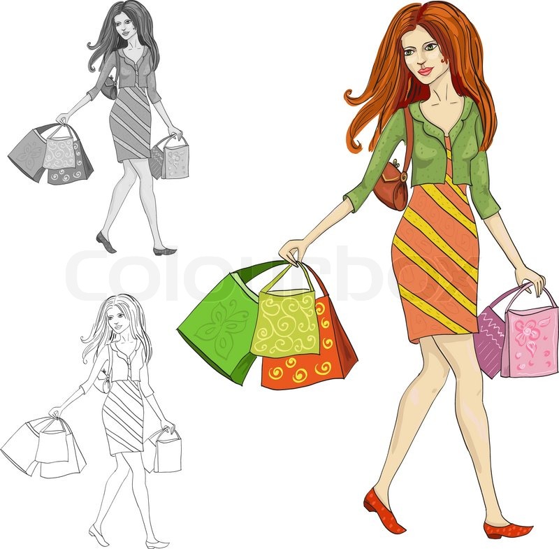 800x785 Drawing Of A Woman With Shopping Stock Vector Colourbox