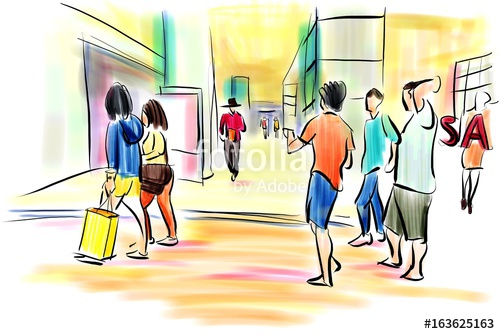 500x334 People Walking In Shopping Cartoon Drawing Stock Photo
