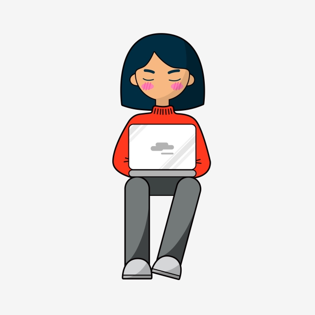 640x640 Short Hair Girl Cartoon Element Playing Computer, Laptop, Girl