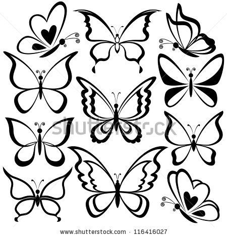 450x470 Various Butterflies, Black Contours On White Background Vector