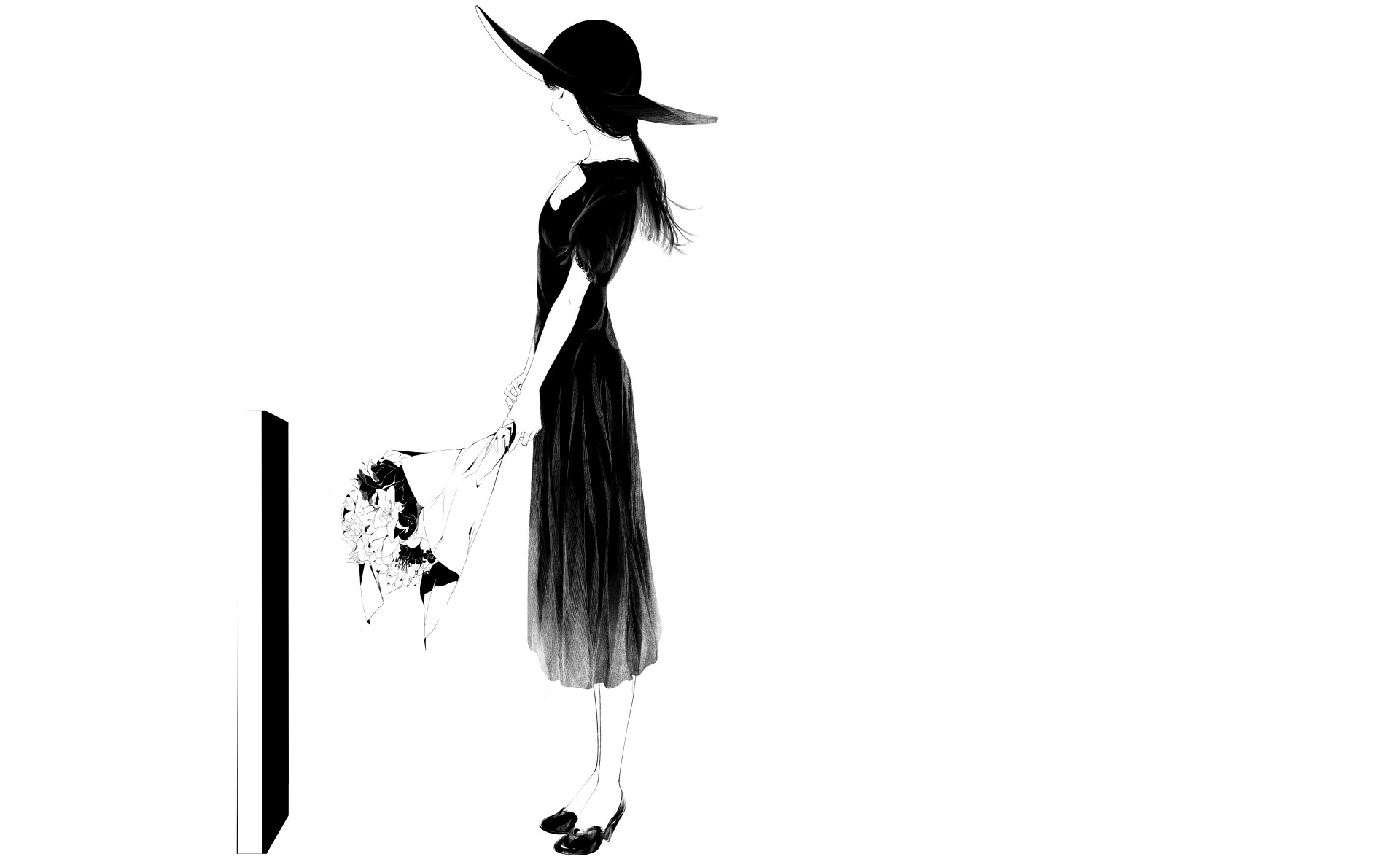 1920x1182 Wallpaper Drawing, Women, Monochrome, Simple Background, Flowers