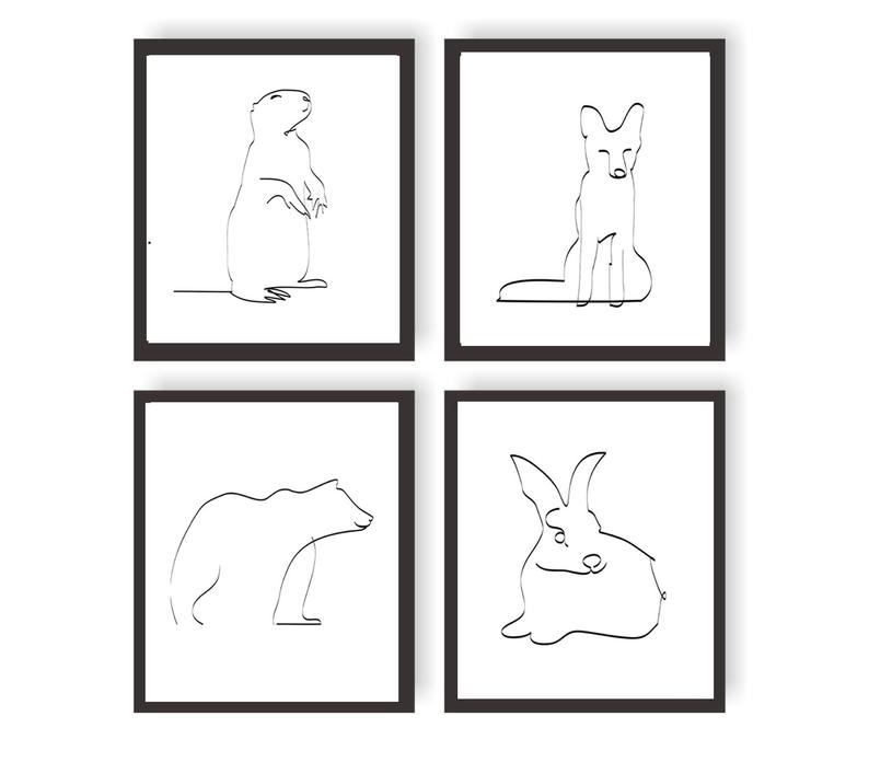 794x696 Animal Line Drawing Set Of Prints Black And White Forest Etsy