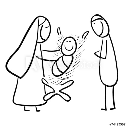 500x500 hand line drawing jesus in creche with maria and joseph