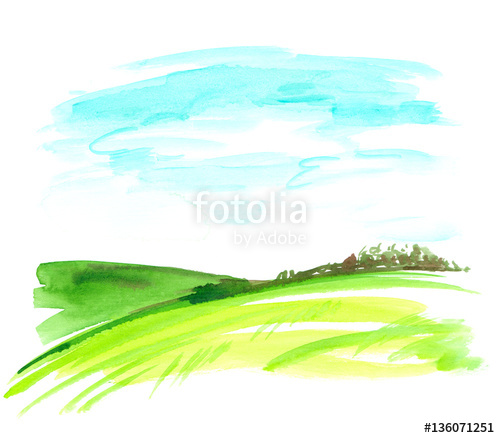 500x438 Simple Landscape With Blue Sky And Green Meadows And Hills Painted