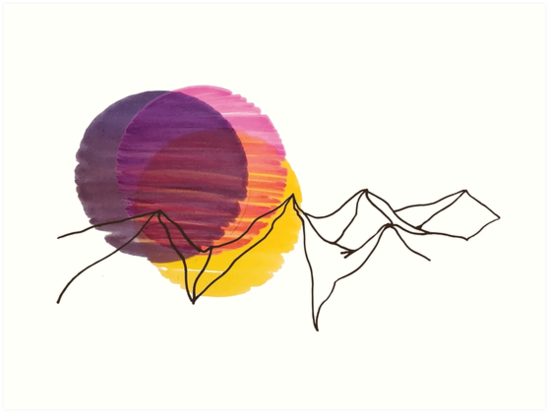 549x413 Minimal Mountain Range Over Sunset Colored Ink Art Prints
