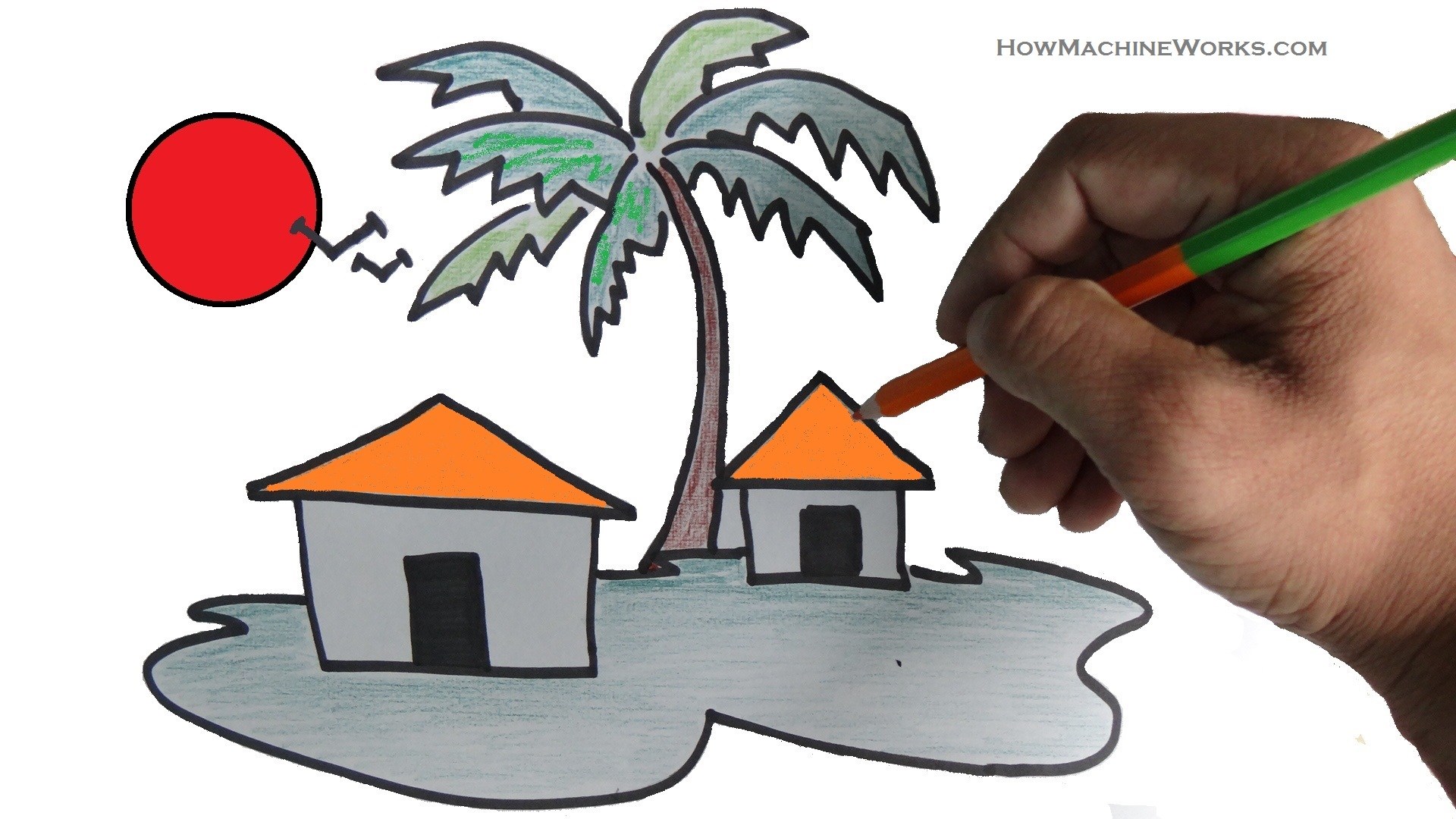 1920x1080 Sunset Scenery Drawing For Kids Easy