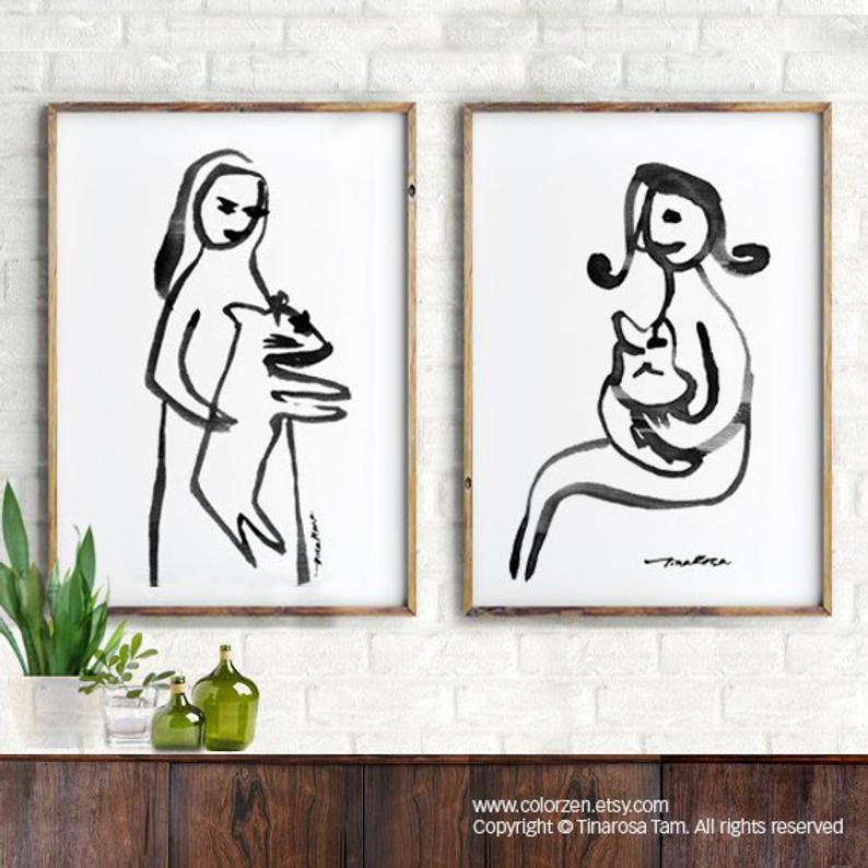 794x794 Girl Hug Dog And Cat Simple Sketch Set Of Watercolor Etsy