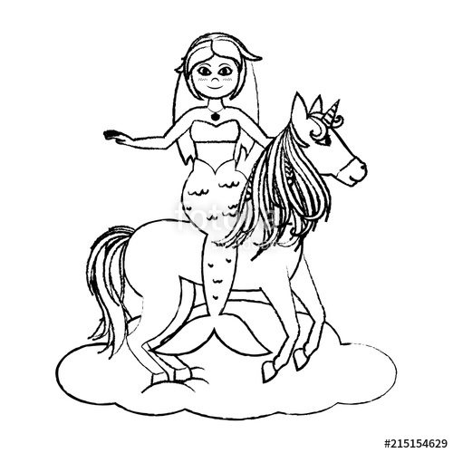 500x500 Grunge Siren Woman Riding Unicorn In The Cloud Stock Image