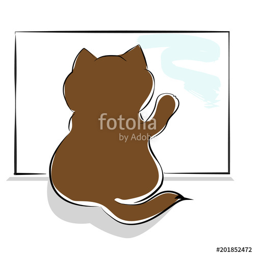 500x500 Vector Brown Drawing Cute Fat Cat Sitting Near The Window, Rear