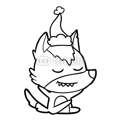 400x400 Friendly Line Drawing Of A Wolf Sitting Wearing Santa Hat Buy