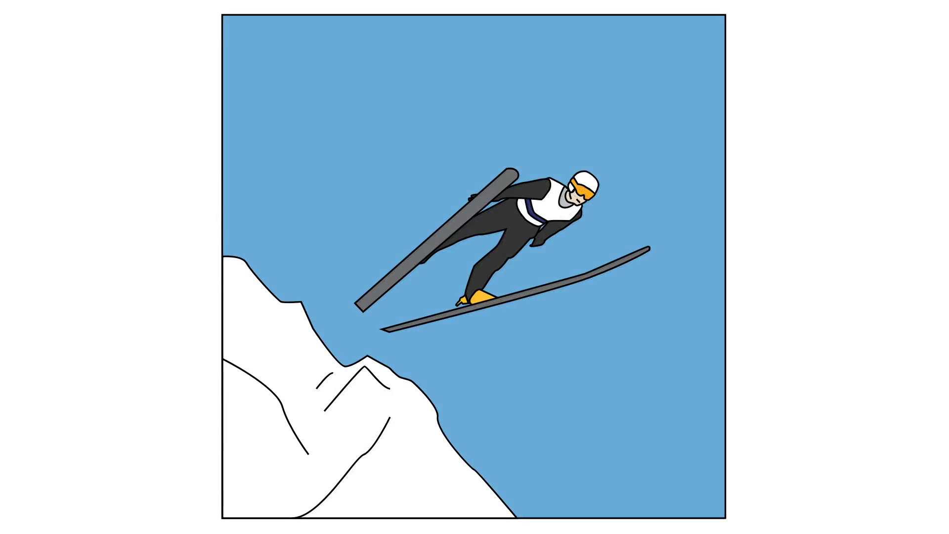 1920x1080 animated drawing of downhill long distance ski jumper in mid air