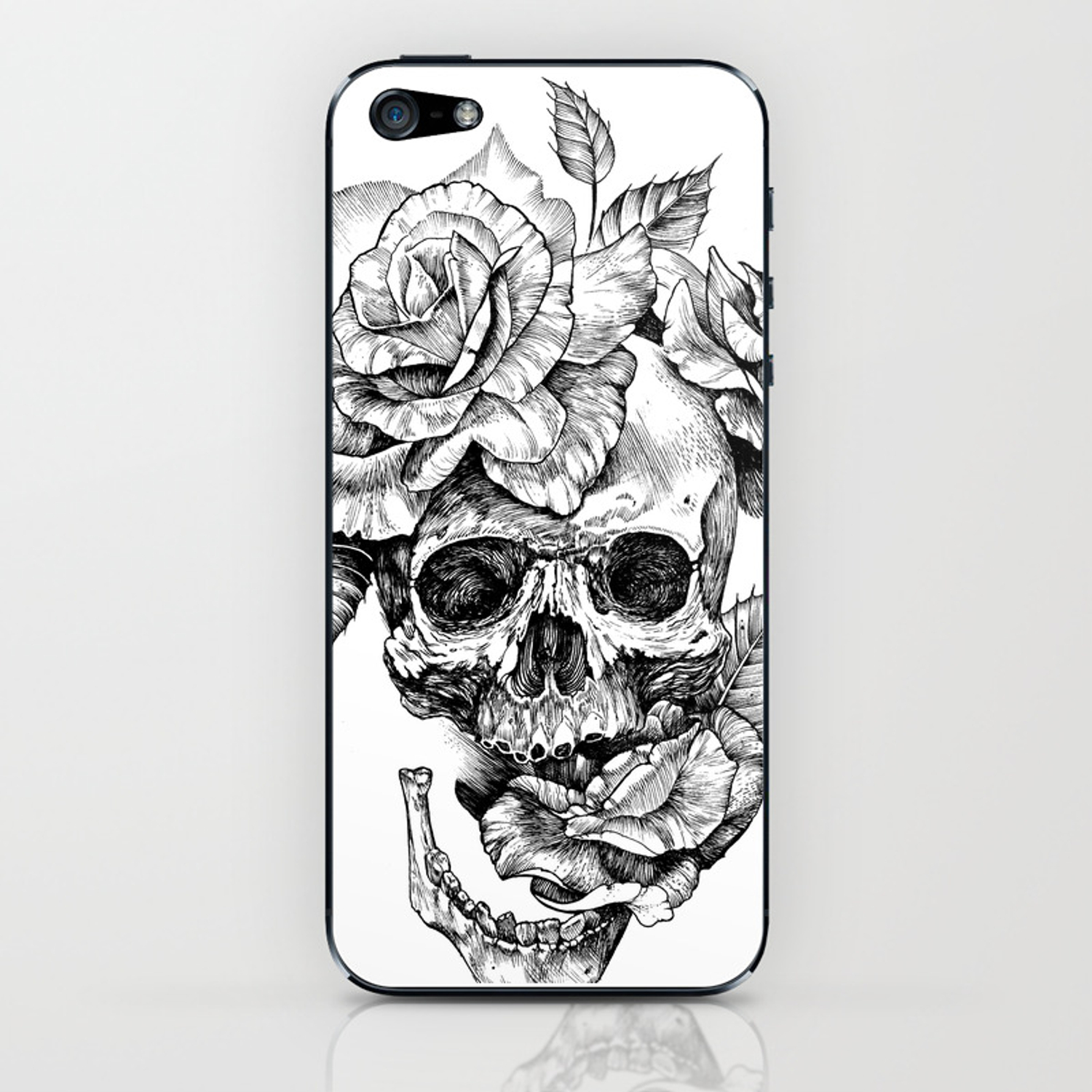 1500x1500 Black And White Skull With Roses Pen Drawing Iphone Skin