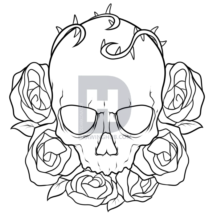 691x720 How To Draw A Skull And Roses Tattoo, Step