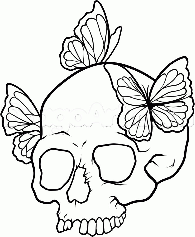 821x994 How To Draw A Skull And Butterflies, Step
