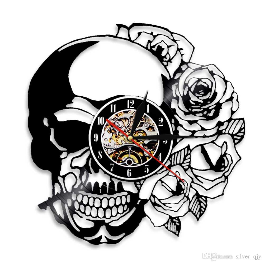 1000x1000 Hippie Skull With Rose Vinyl Record Wall Clock Modern Design Home