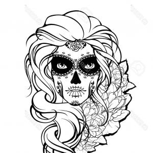 300x300 Photostock Vector Skull Girl And Flowers Black And White