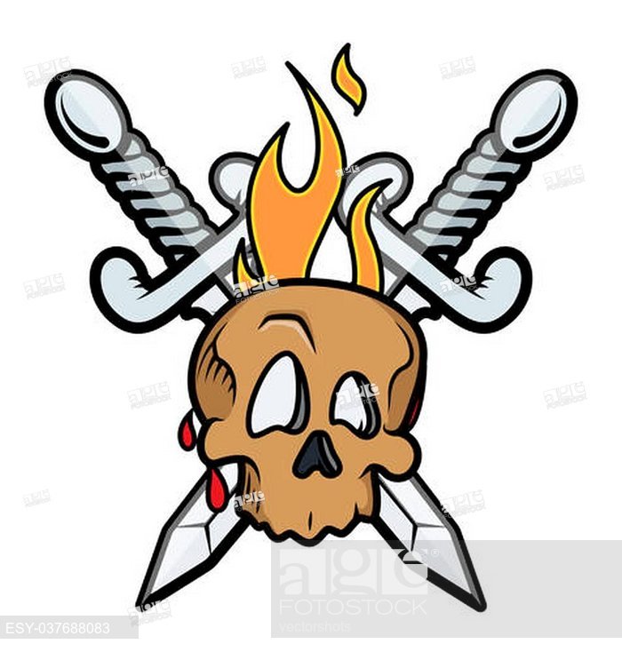 700x734 Drawing Art Of Skull Tattoo With Crossed Swords And Fire Flame