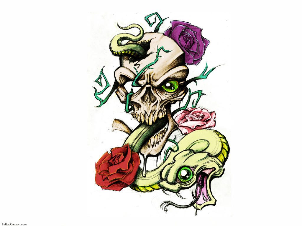 1024x768 Roses,skull N Snake