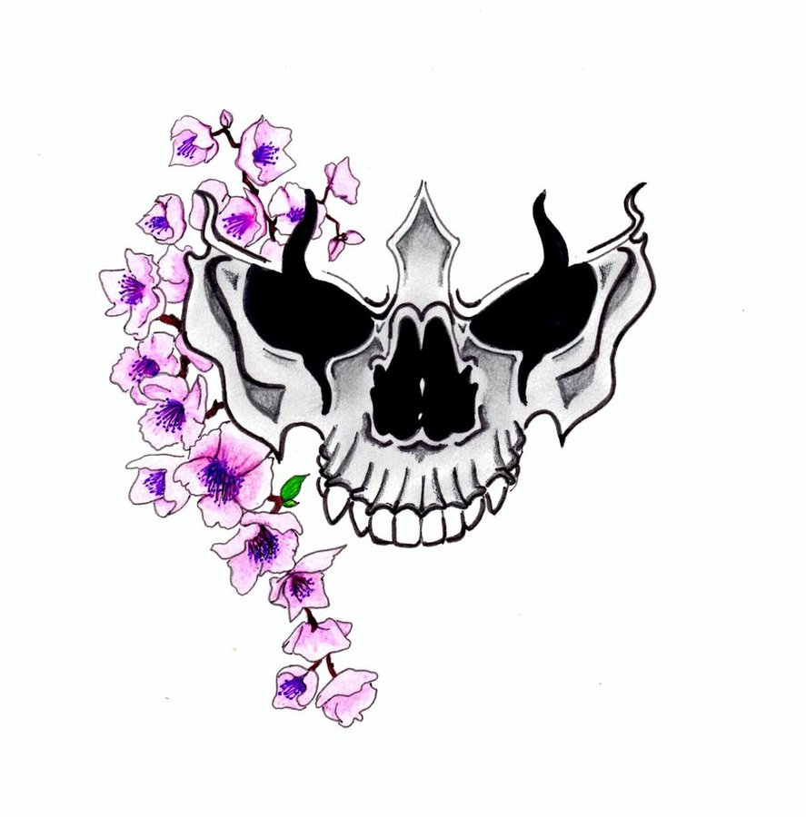 887x900 Purple Cherry Blossom With Skull Tattoo Design