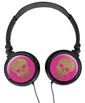 295x355 Stereo Headset Wired Headphone Gold Skull Drawing Glitter Pink