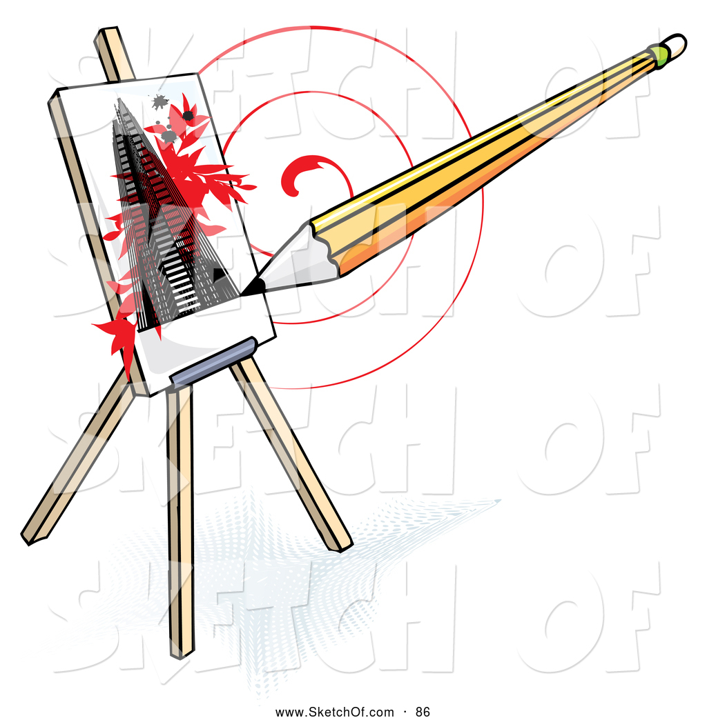 1024x1044 Drawing Of A Pencil Drawing A Skyscraper On An Easel, Over A Red