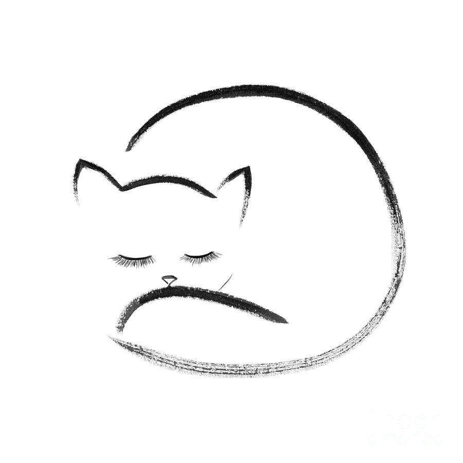 900x900 Cute Snuggly Sleeping Cat Artistic Oriental Style Illustration Mixed