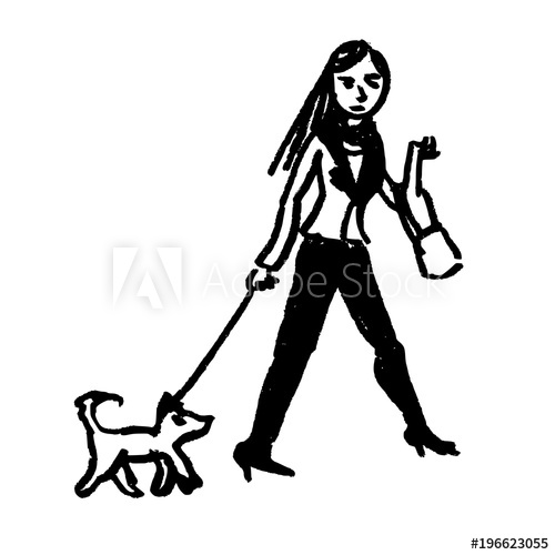 500x500 Vector Young Woman Walking Small Dog Sketch