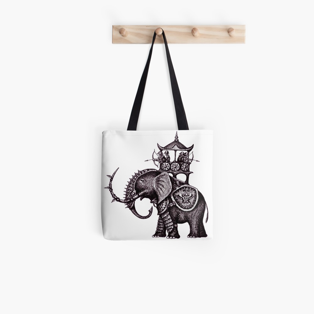 1000x1000 War Elephant Black And White Pen Ink Drawing Tote Bag