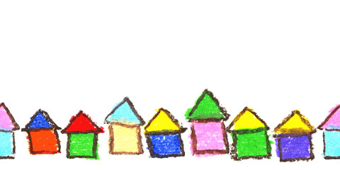 480x240 Crayon Seamless Border Or Frame With Hand Drawing Houses Like
