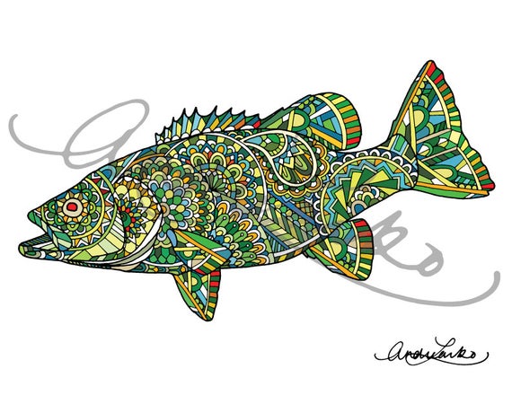 570x440 Zentangle Smallmouth Bass Art Print Etsy