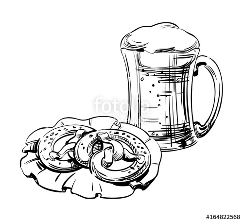 500x457 Beer In A Glass Mug And Pretzel Snack, Bakery Hand Drawing