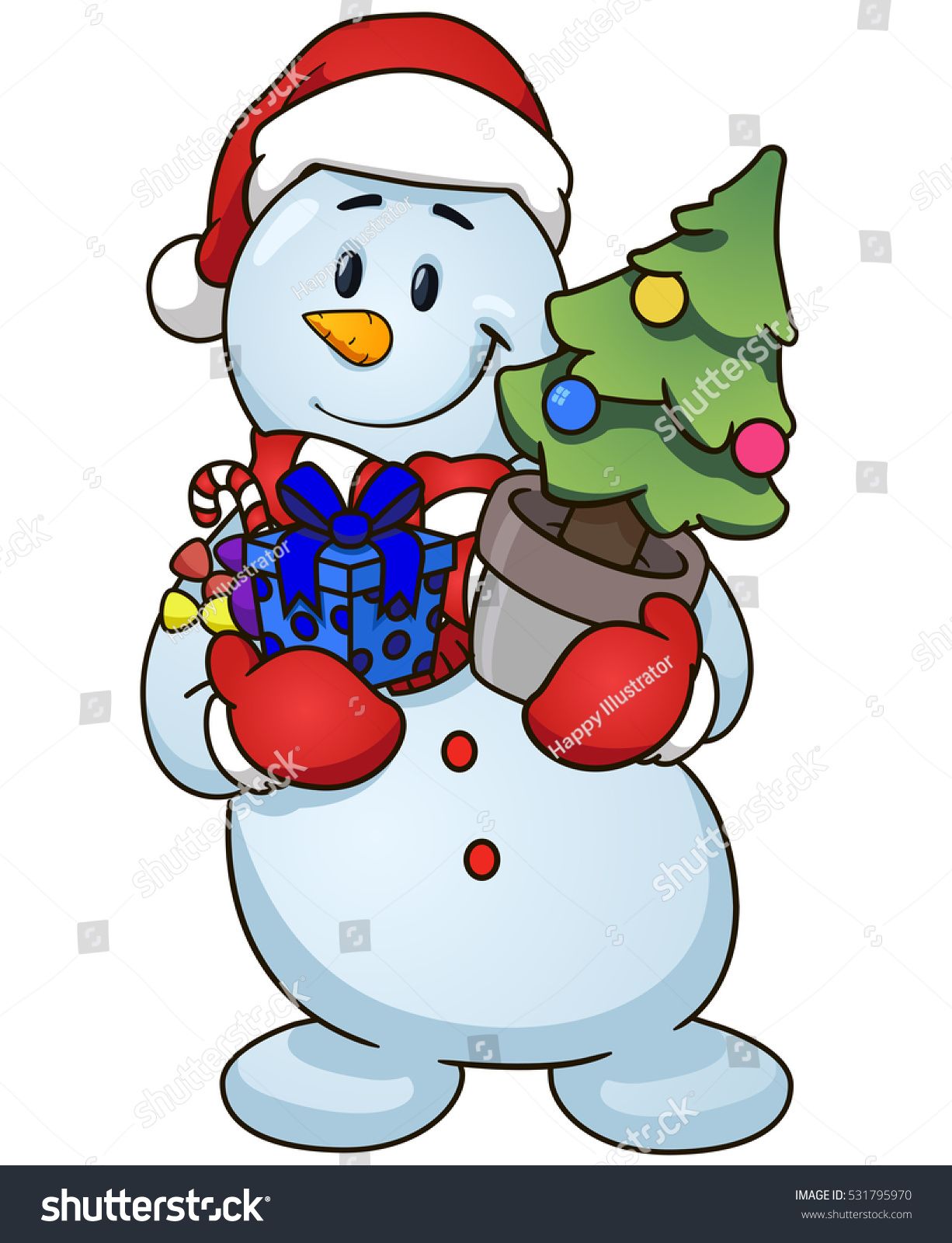 1226x1600 Cartoon Snowman Holding Christmas Tree And Gifts Vector Clip Art