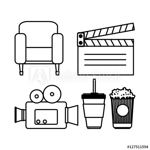 500x500 Hand Drawing Camera Clapper Soda Couch Popcorn Vector Illustration