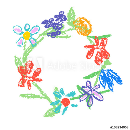 500x500 Crayon Hand Drawing Round Frame With Colorful Flowers Like Kid