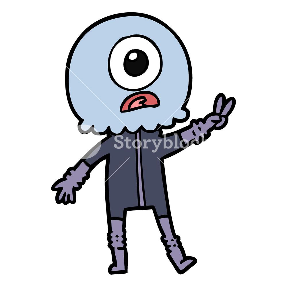 1000x1000 cartoon cyclops alien spaceman giving peace sign royalty free