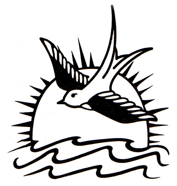 567x596 Traditional Outline Sparrow Over Sea On Sun Background Tattoo