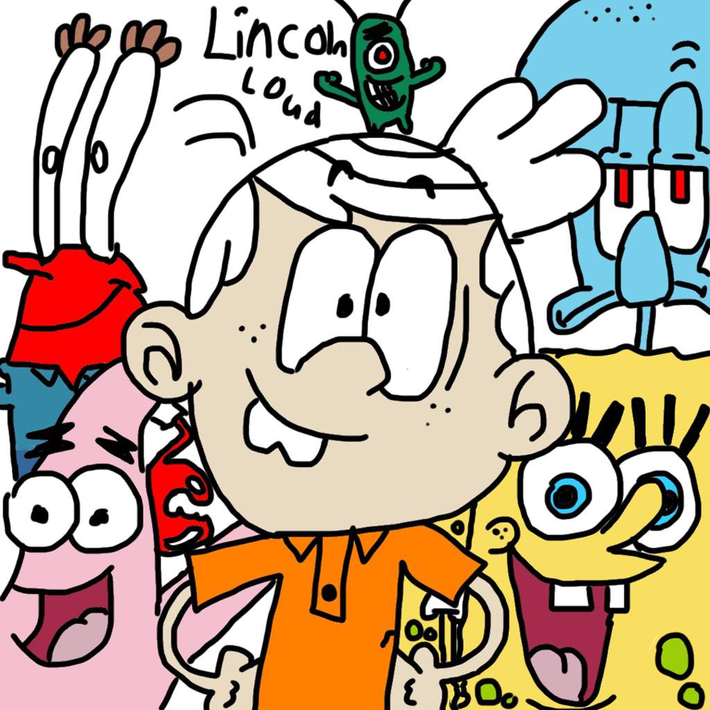 1024x1024 A Drawing Of Lincoln With Spongebob, Patrick, Squidward, Mr Krabs