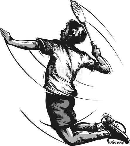 445x500 Vector Illustration, Sketch Or Drawing Badminton Player In Action