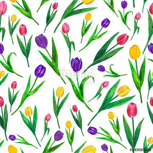500x500 Flowers Tulips Watercolor Seamless Pattern Drawing Digital Paper