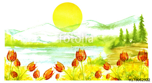 500x274 Watercolor Landscape, Mountain Landscape, River, Green Silhouette