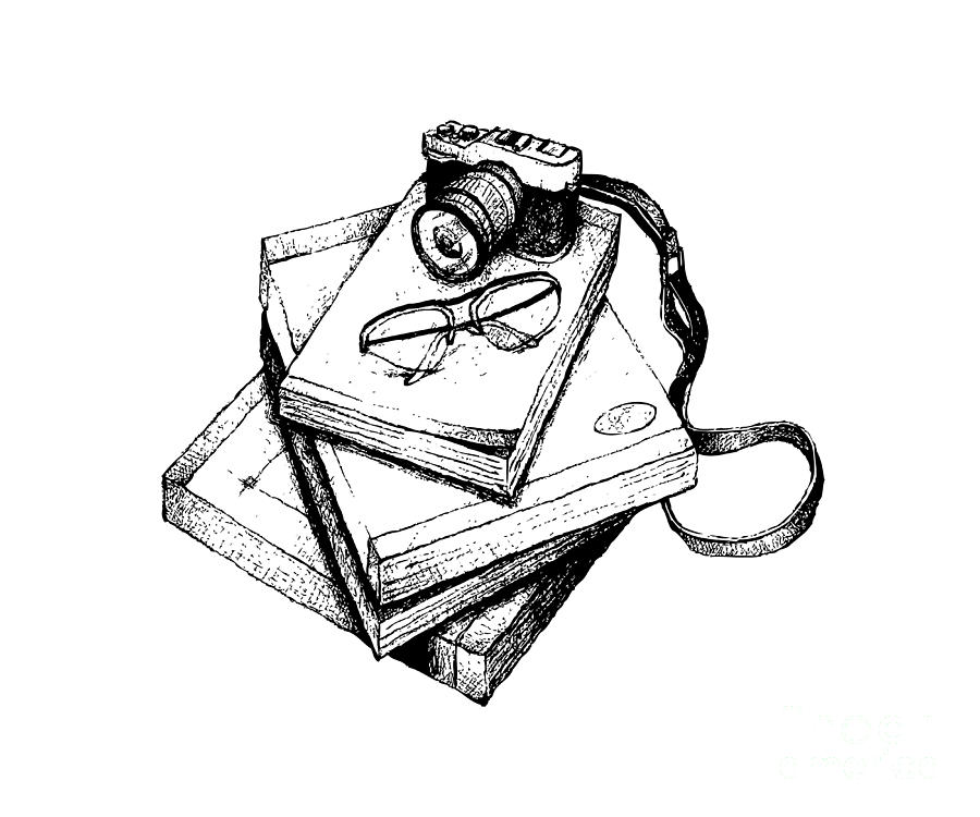 900x750 Hand Drawn Stack Of Books With Camera And Glasses Drawing