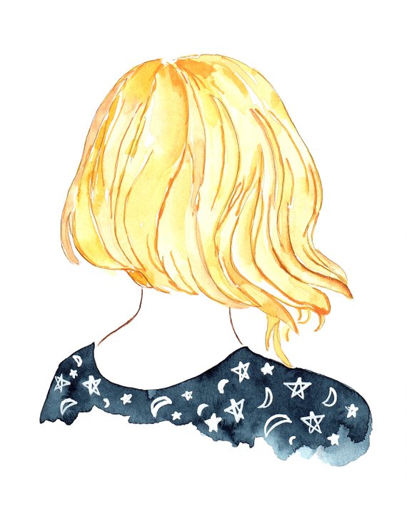 570x713 Blue Starry Night Sky Blonde Hair Short Watercolor Art Print
