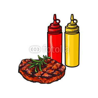 400x400 Ketchup, Mustard And Beef Steak, Fast Food Concept, Sketch Vector