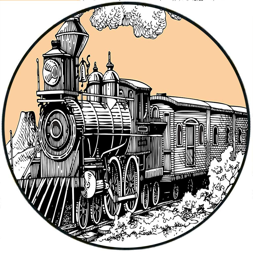 1000x1000 Short Plush Round Area Rug Steam Engine Vintage Wooden
