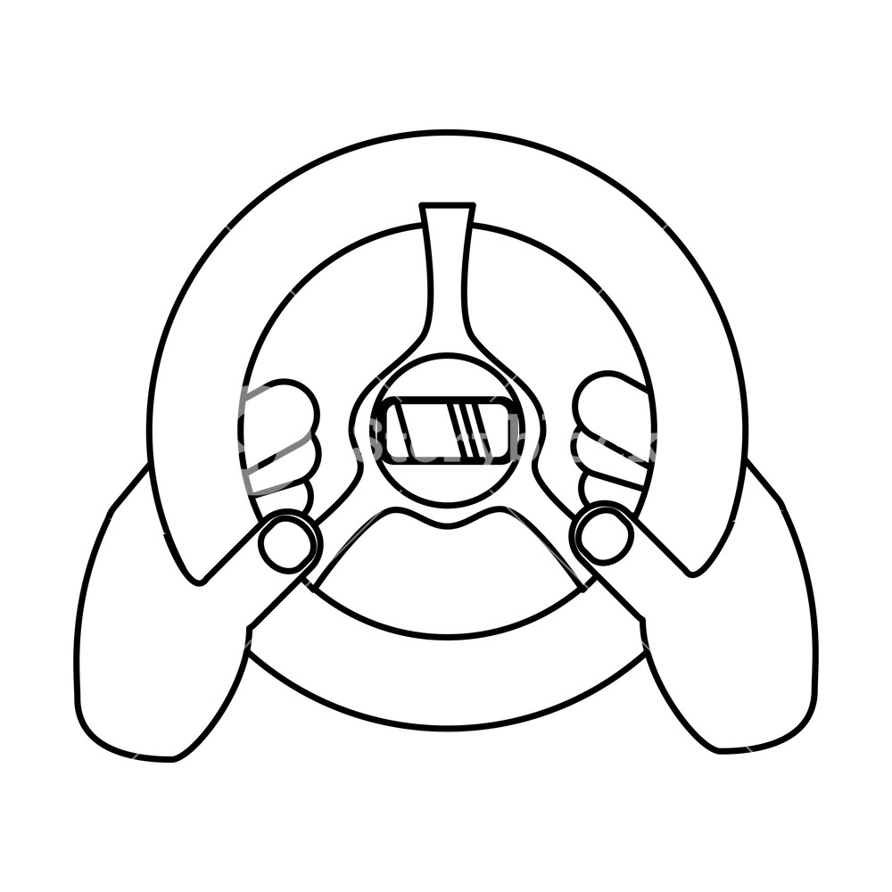 1000x1000 Flat Line Uncolored Hand With Steering Wheel Over White Background