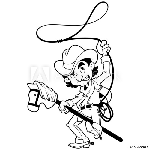 500x500 Cowboy With Lasso On A Stick Horse Outlined On White Background