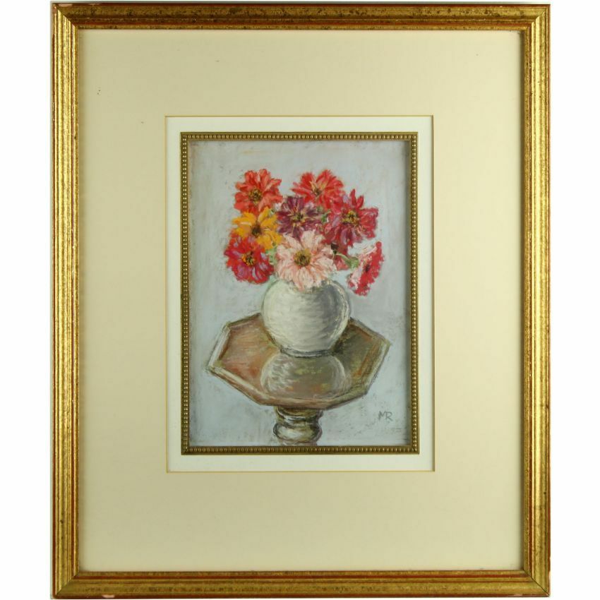 850x850 Original Framed Old Still Life Pastel Drawing Garden Red Yellow