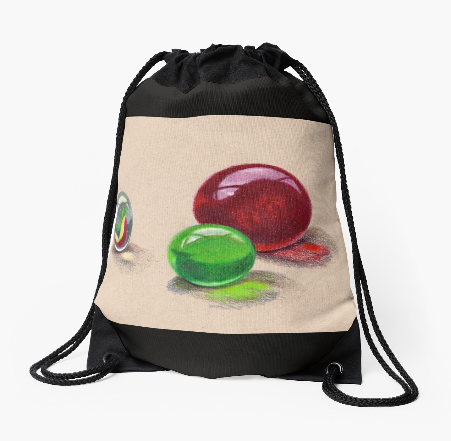 1435x1404 Three Marbles, Still Life Drawing, Color Pencil Drawstring Bag